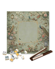 Square mahjong table mat, sage green center with floral and bird border design