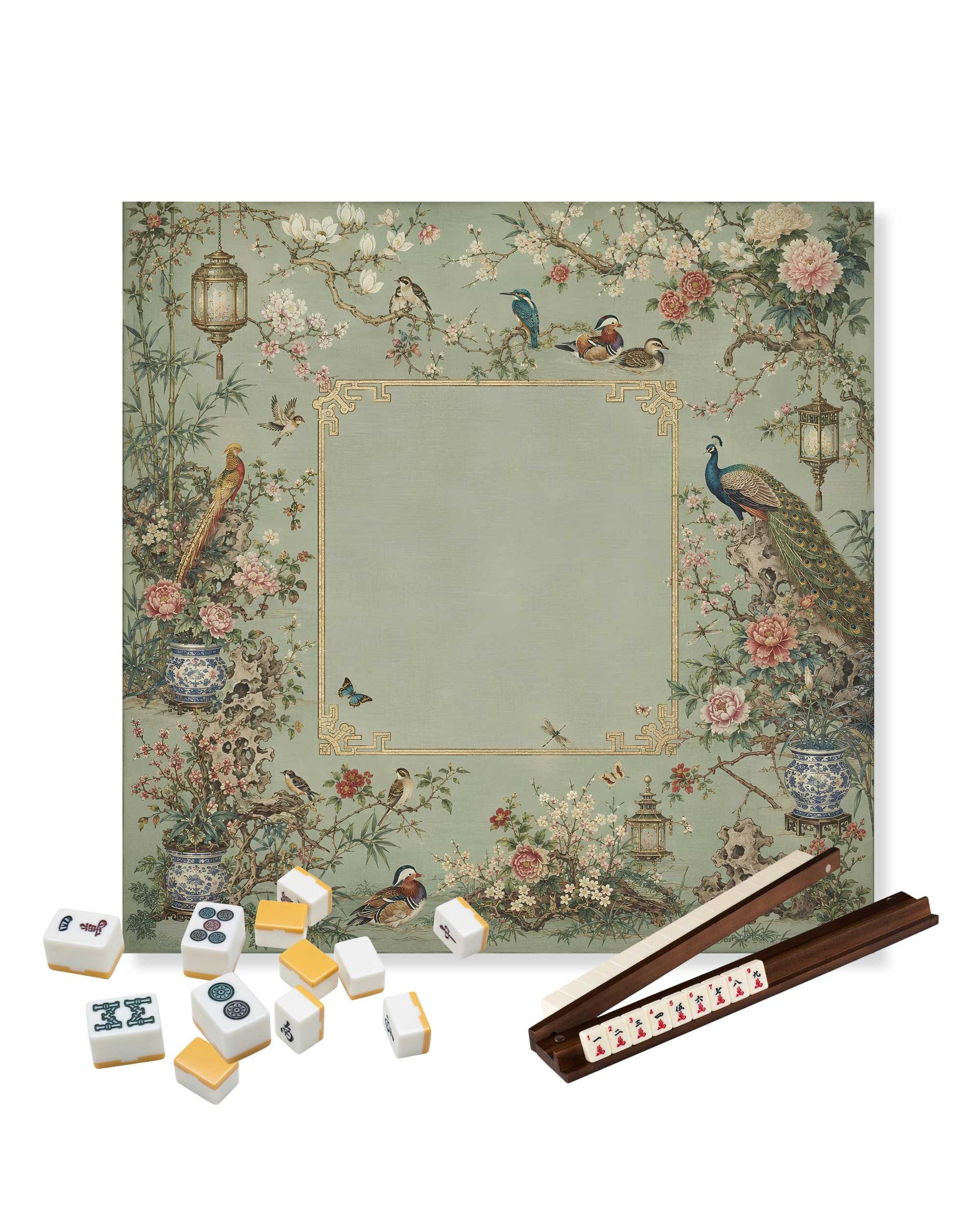 Square mahjong table mat, sage green center with floral and bird border design