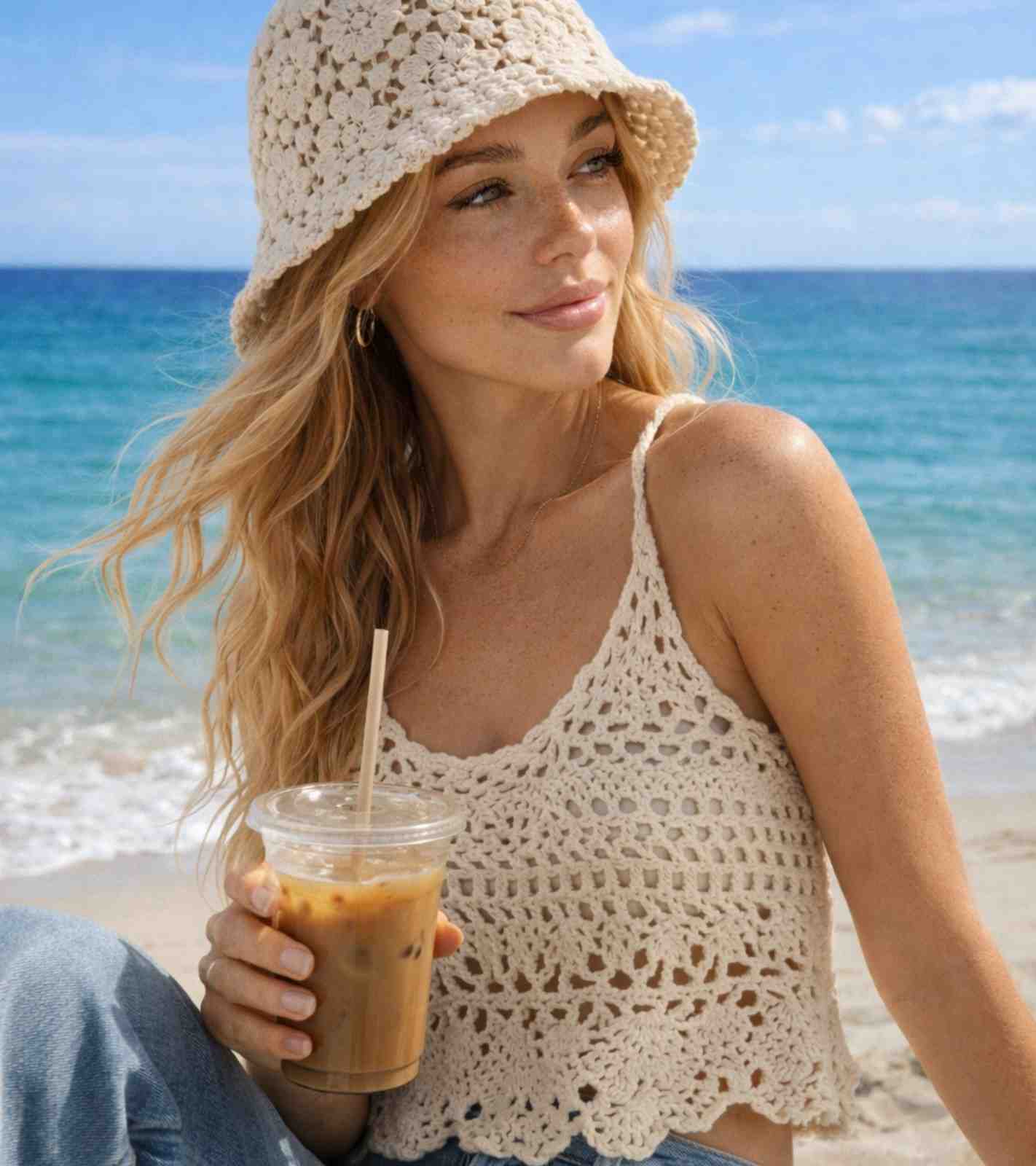 Eternia® Crochet Lace Bucket Cap – Floral Open Knit Design – Ivory