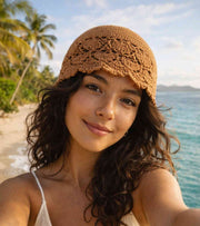 Eternia® Crochet Lace Cap – Floral Open Knit Design – Brown