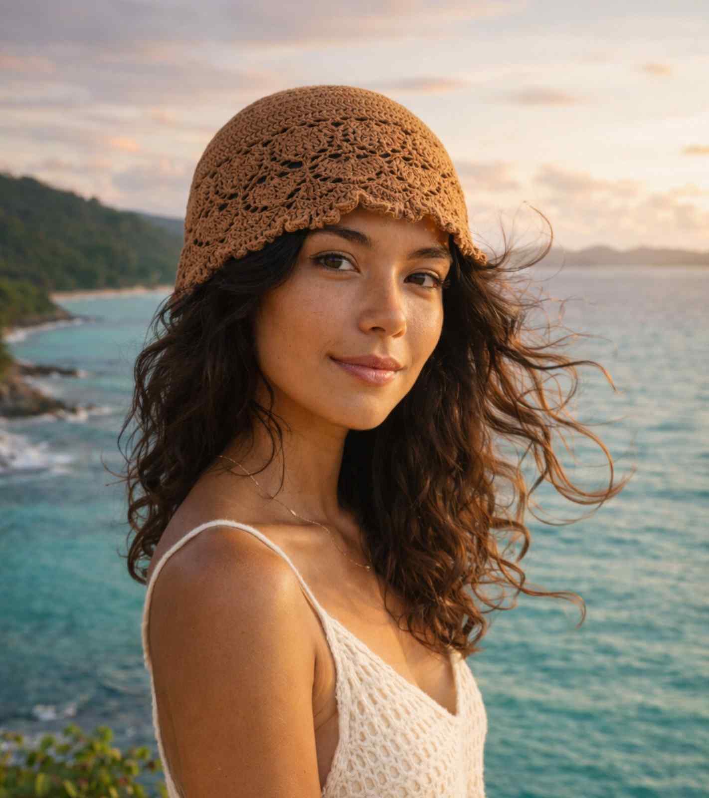 Eternia® Crochet Lace Cap – Floral Open Knit Design – Brown
