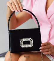 Eternia® Crystal Buckle Shoulder Bag – Rhinestone Statement Detail – Black
