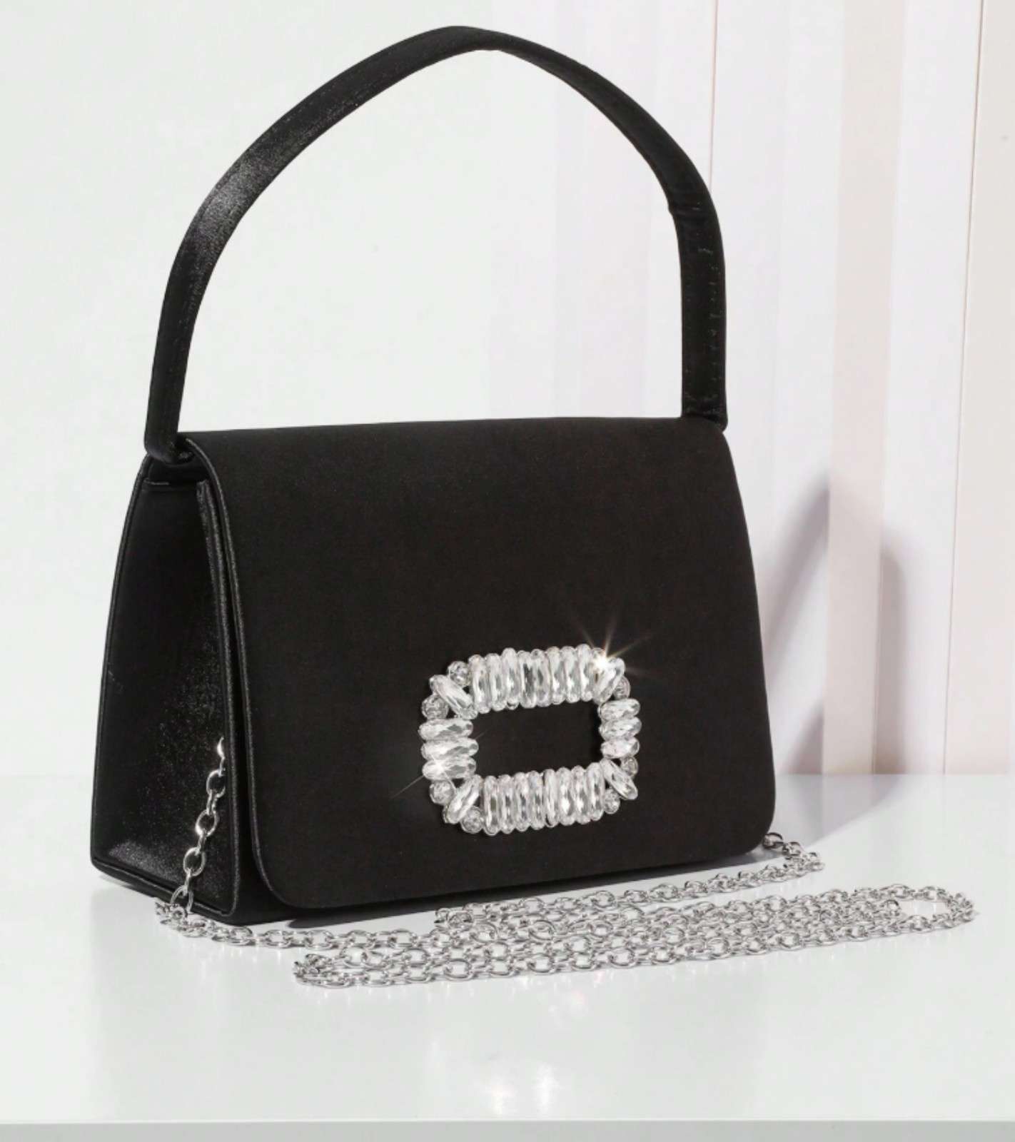 Eternia® Crystal Buckle Shoulder Bag – Rhinestone Statement Detail – Black