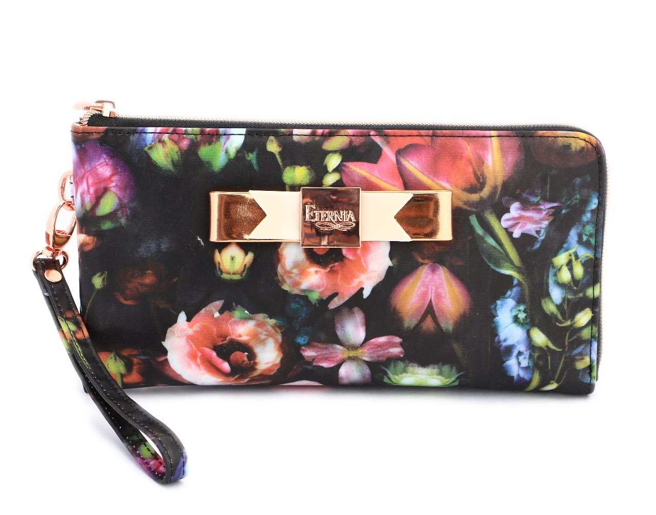 Eternia® Zippered Wallet with Wrist Strap – Bold Floral Print Purse in Water-Resistant Finish – Black - Multicolour