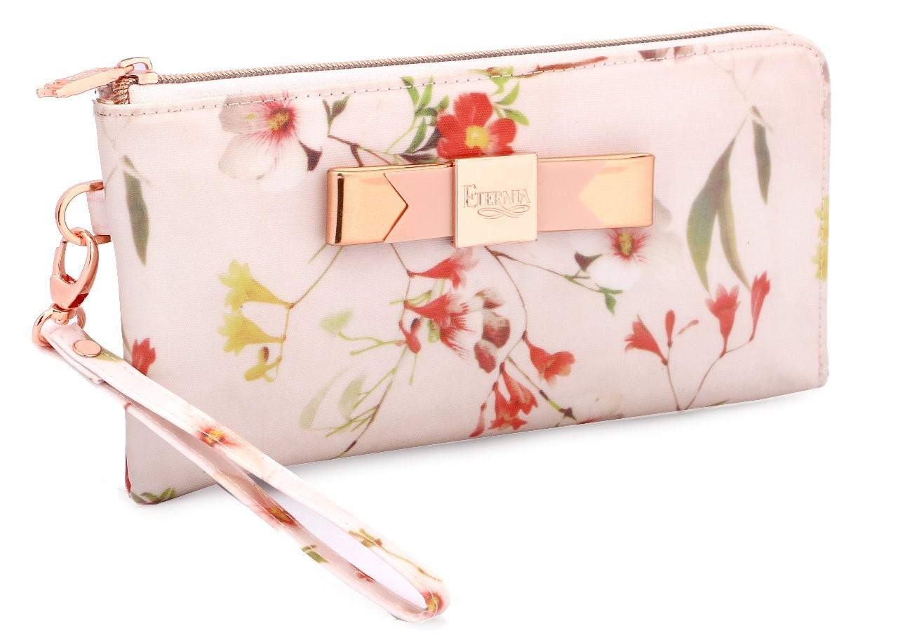 Eternia® Zippered Wallet with Wrist Strap – Bold Floral Print Purse in Water-Resistant Finish – Blush Pink