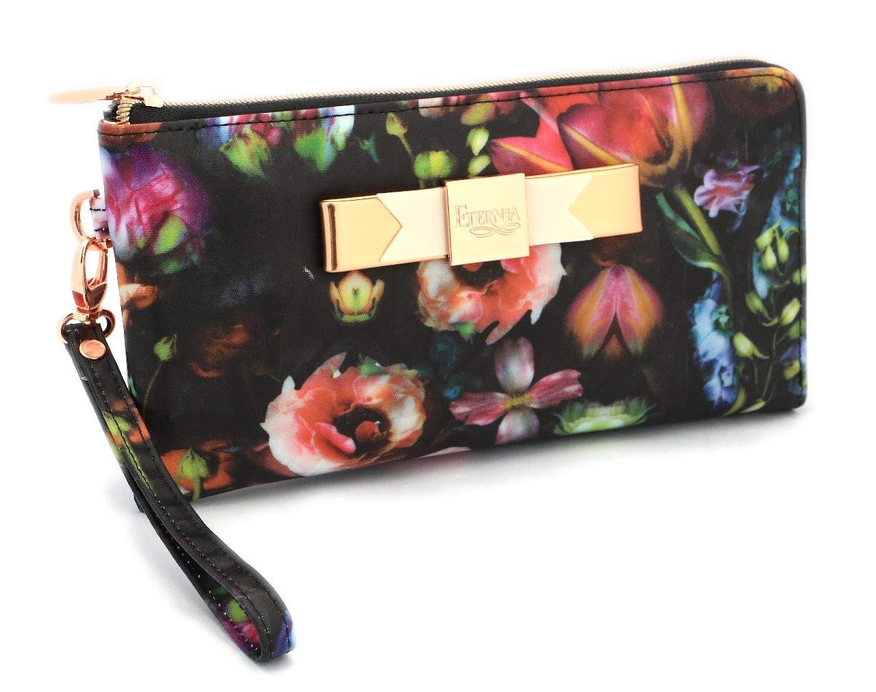 Eternia® Zippered Wallet with Wrist Strap – Bold Floral Print Purse in Water-Resistant Finish – Black - Multicolour