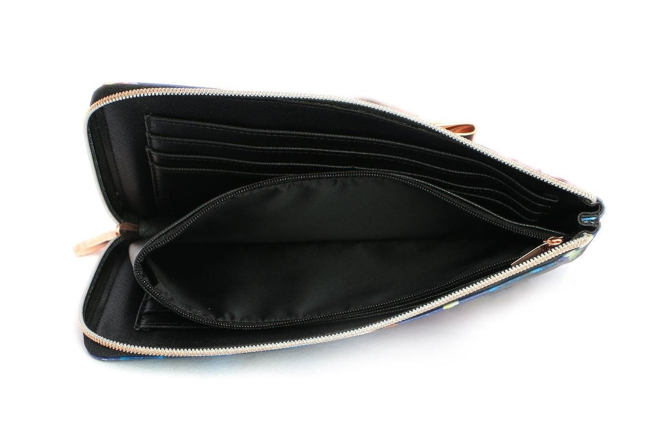 Eternia® Zippered Wallet with Wrist Strap – Bold Floral Print Purse in Water-Resistant Finish – Black - Multicolour