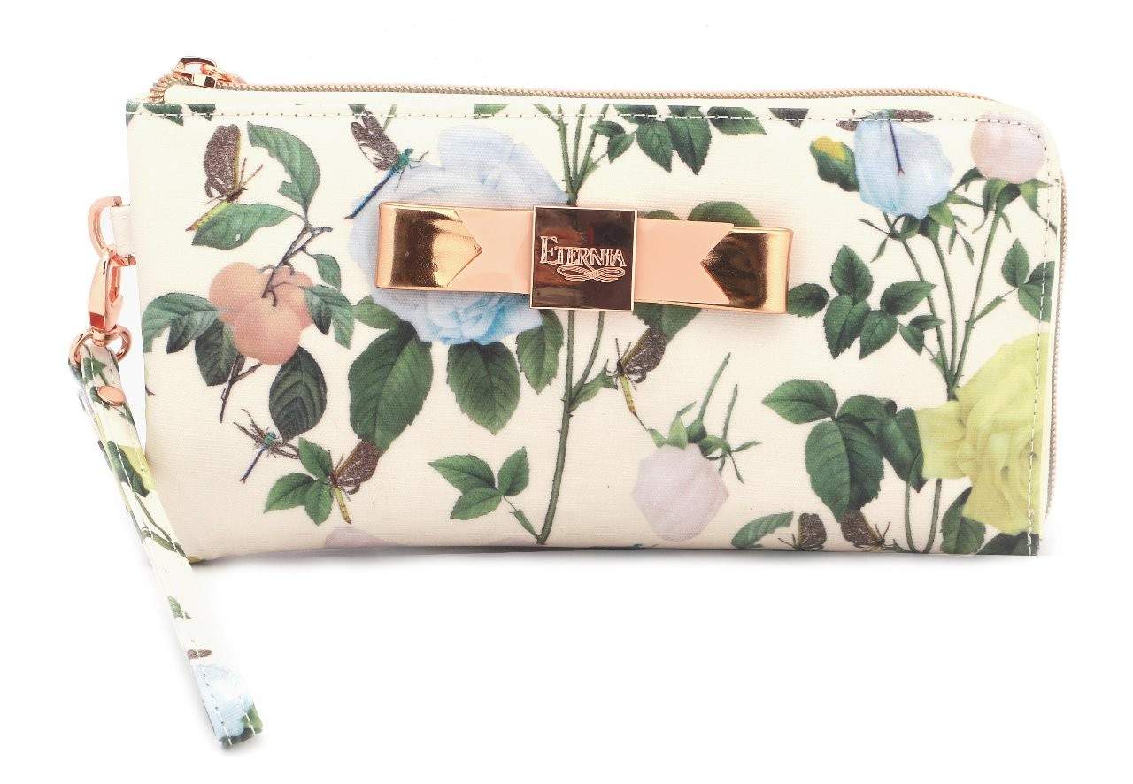 Eternia® Zippered Wallet with Wrist Strap – Bold Floral Print Purse in Water-Resistant Finish – White - Multicolour