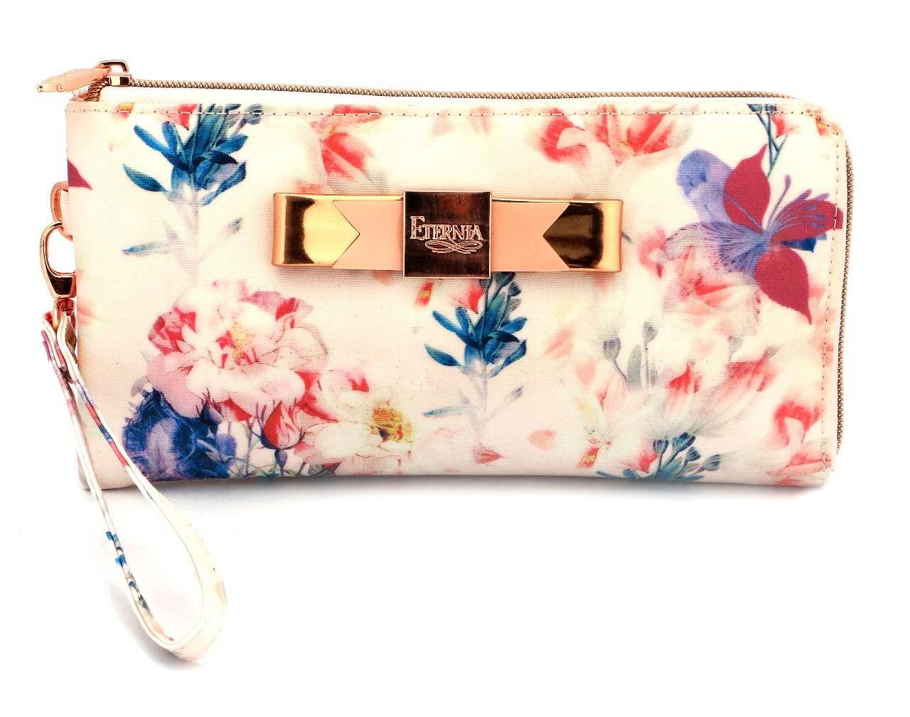 Eternia® Zippered Wallet with Wrist Strap – Bold Floral Print Purse in Water-Resistant Finish – White & Pink - Multicolour