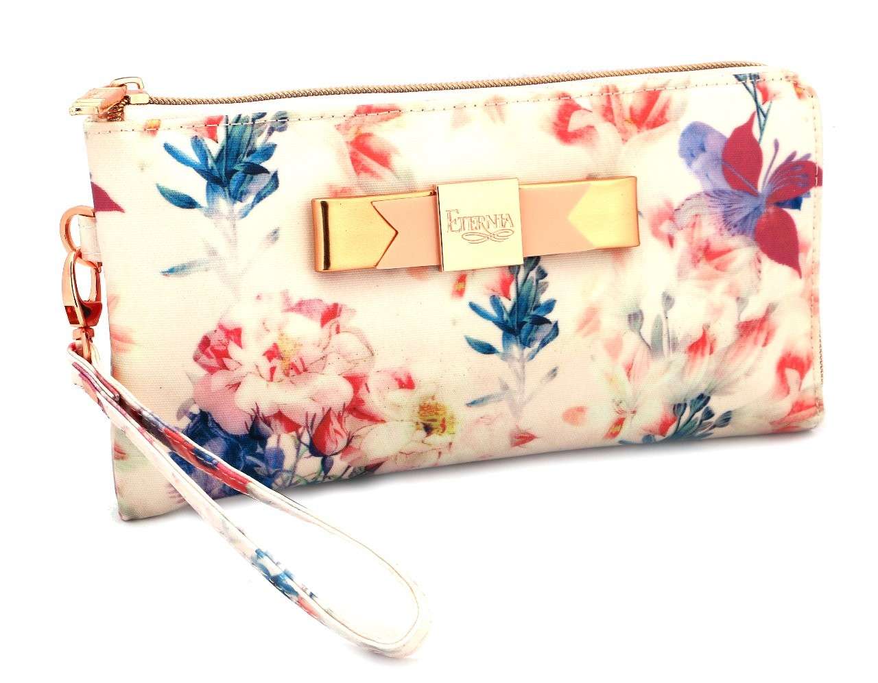 Eternia® Zippered Wallet with Wrist Strap – Bold Floral Print Purse in Water-Resistant Finish – White & Pink - Multicolour
