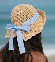 Eternia® Gingham Ribbon Straw Sun Hat – Scalloped Wide Brim Design – Beige