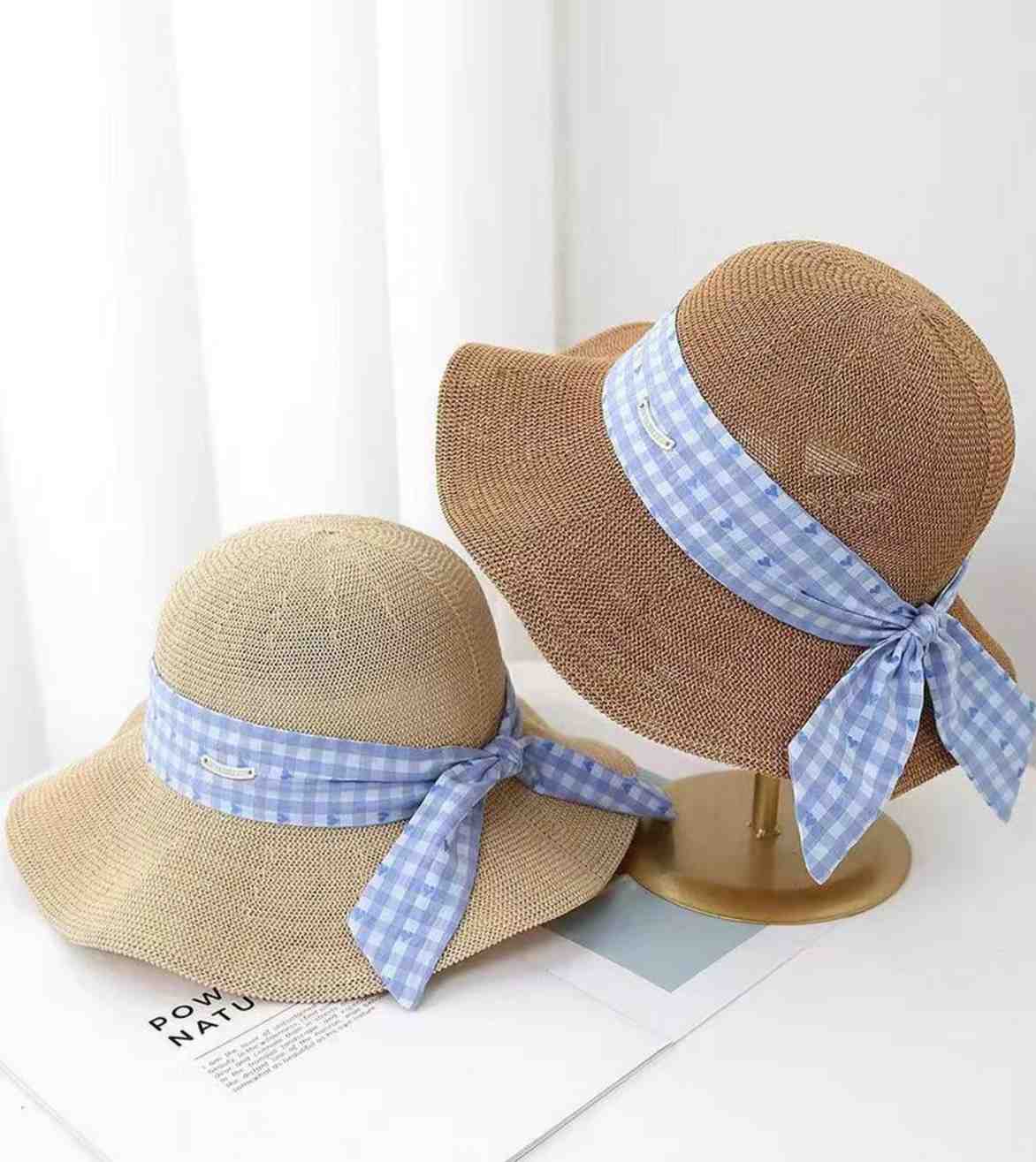 Eternia® Gingham Ribbon Straw Sun Hat – Scalloped Wide Brim Design – Beige