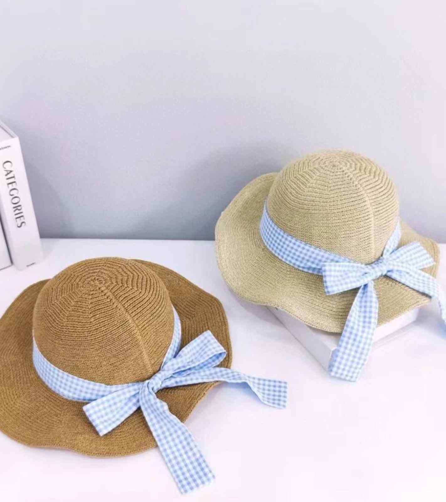 Eternia® Gingham Ribbon Straw Sun Hat – Scalloped Wide Brim Design – Beige
