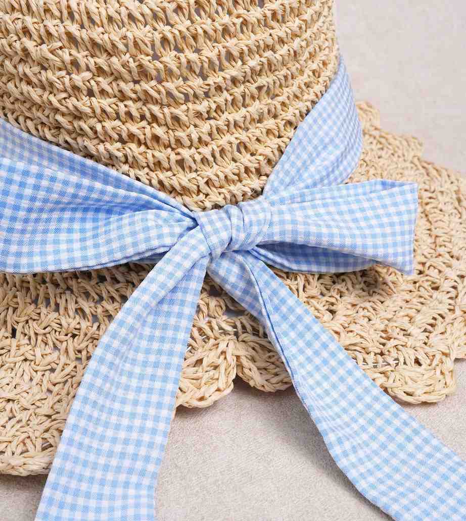 Eternia® Gingham Ribbon Straw Sun Hat – Scalloped Wide Brim Design – Beige