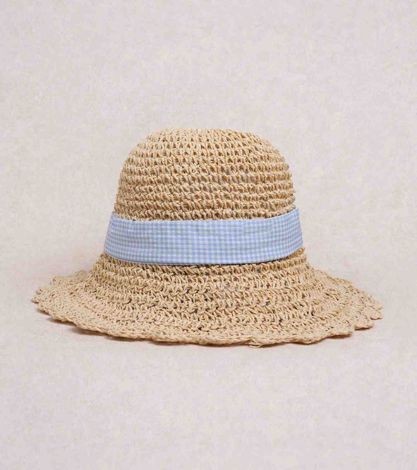 Eternia® Gingham Ribbon Straw Sun Hat – Scalloped Wide Brim Design – Beige