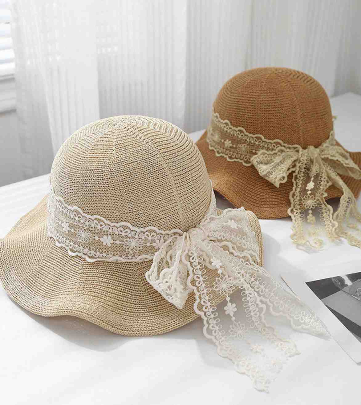 Eternia® Lace Ribbon Straw Sun Hat – Feminine Wide Brim Design – Beige
