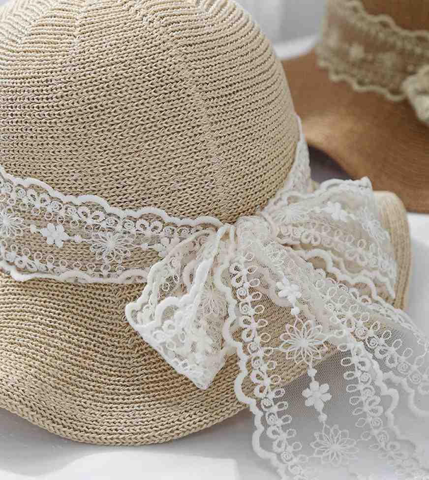 Eternia® Lace Ribbon Straw Sun Hat – Feminine Wide Brim Design – Beige