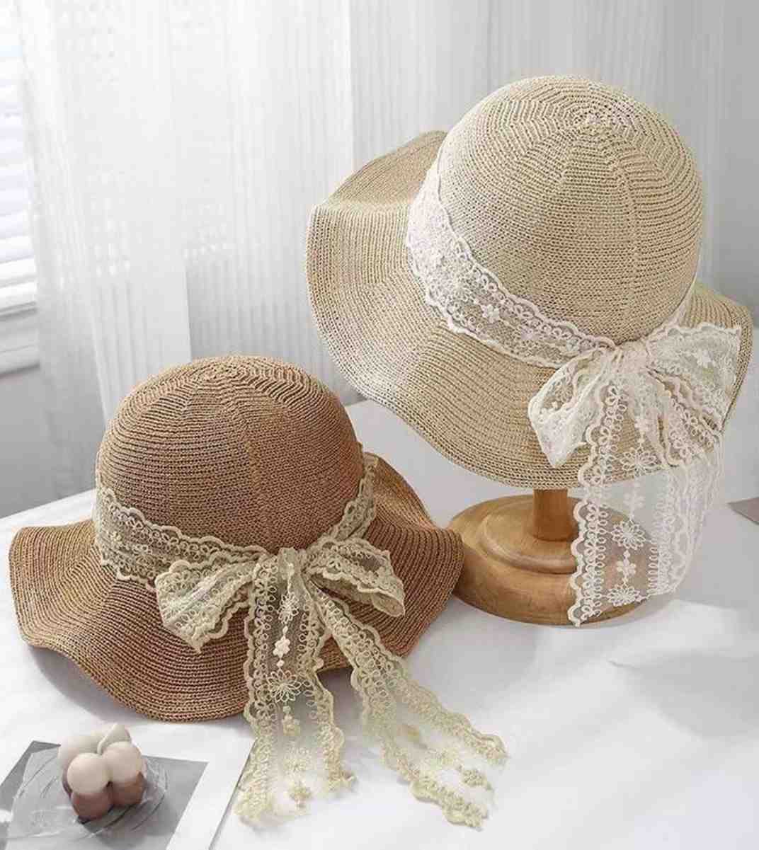 Eternia® Lace Ribbon Straw Sun Hat – Feminine Wide Brim Design – Beige