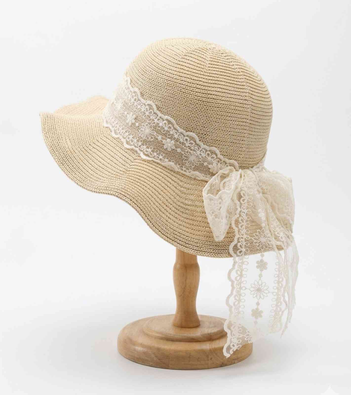 Eternia® Lace Ribbon Straw Sun Hat – Feminine Wide Brim Design – Beige