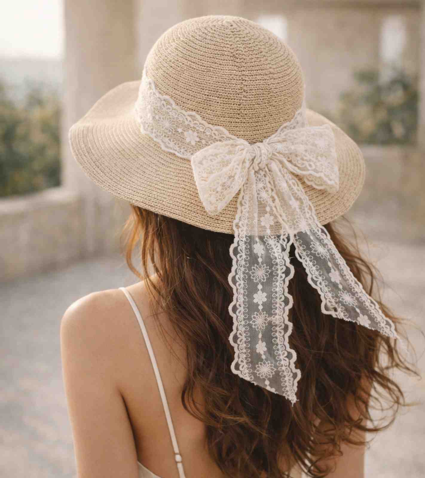 Eternia® Lace Ribbon Straw Sun Hat – Feminine Wide Brim Design – Beige
