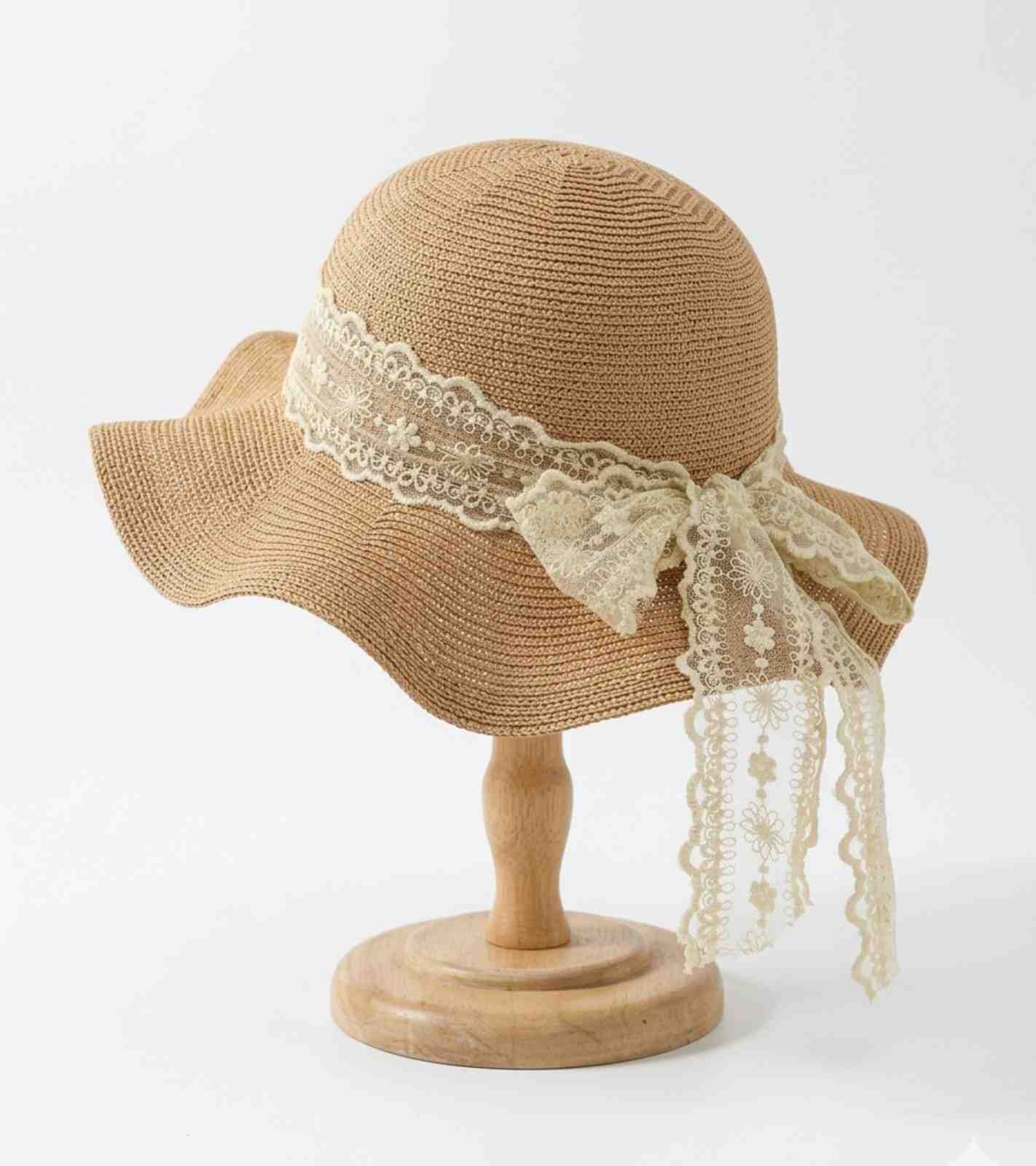 Eternia® Lace Ribbon Straw Sun Hat – Feminine Wide Brim Design – Sand