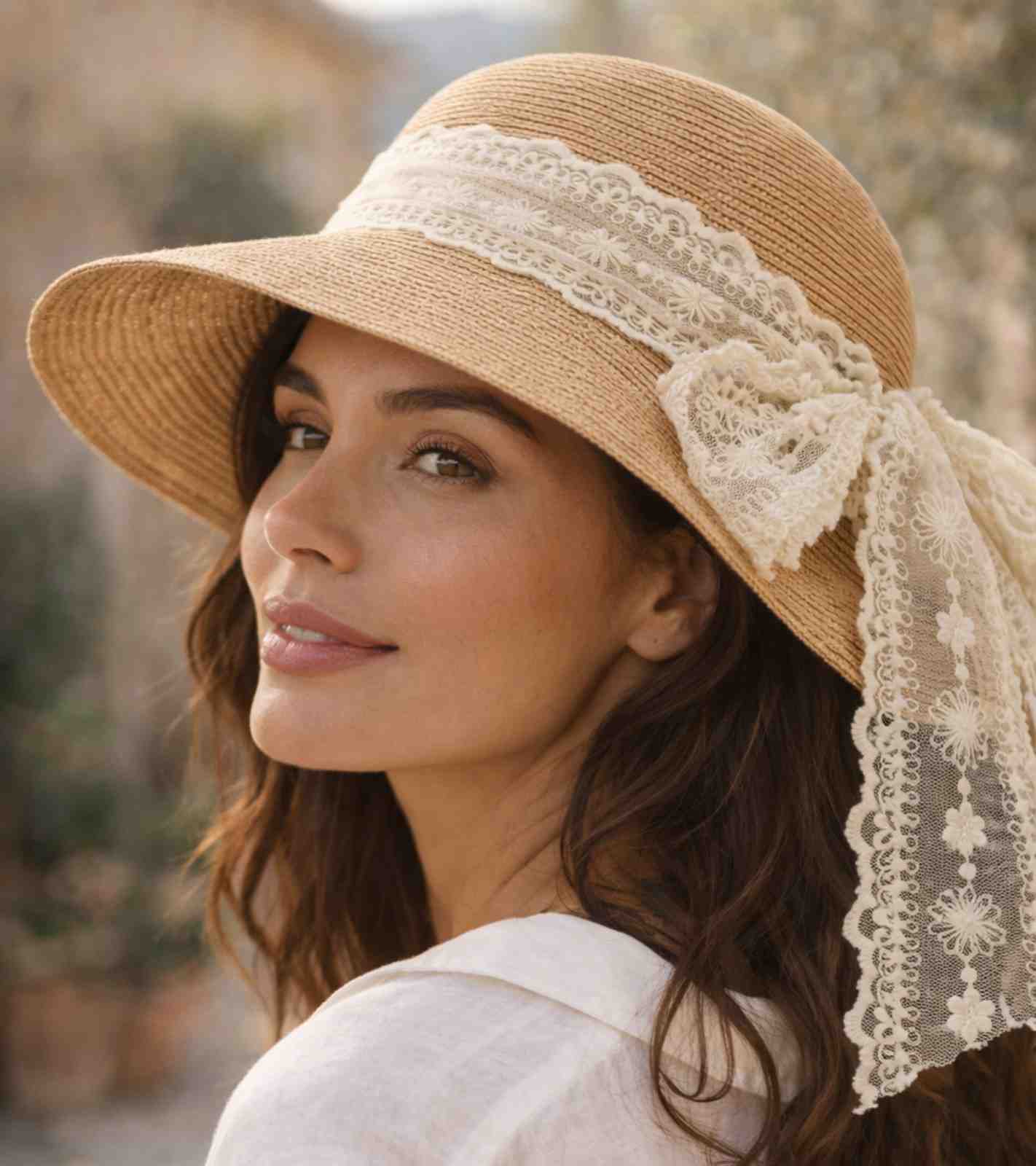 Eternia® Lace Ribbon Straw Sun Hat – Feminine Wide Brim Design – Sand