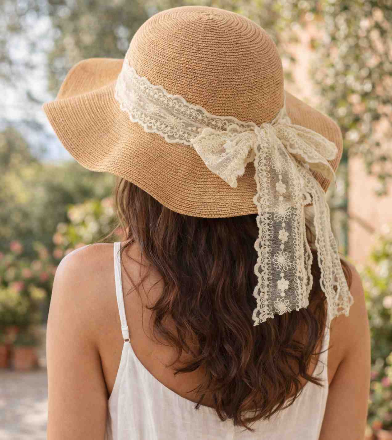 Eternia® Lace Ribbon Straw Sun Hat – Feminine Wide Brim Design – Sand