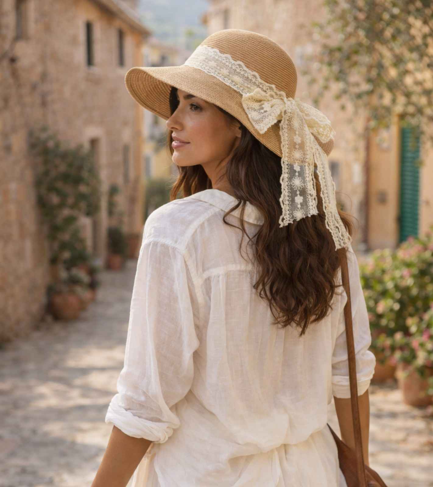 Eternia® Lace Ribbon Straw Sun Hat – Feminine Wide Brim Design – Sand