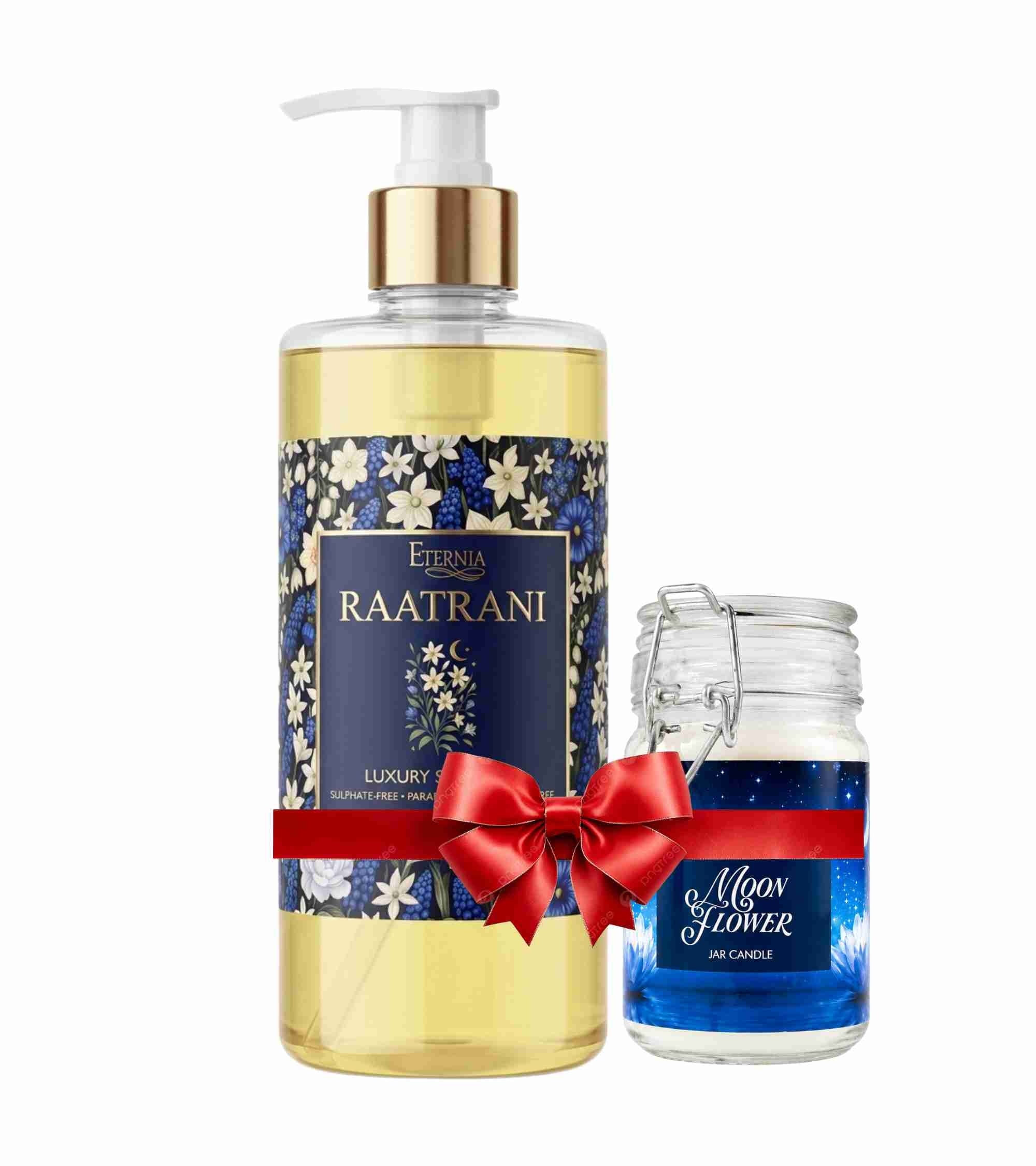 Eternia Raatrani luxury shampoo bottle with blue moonflower candle jar and bow ribbon
