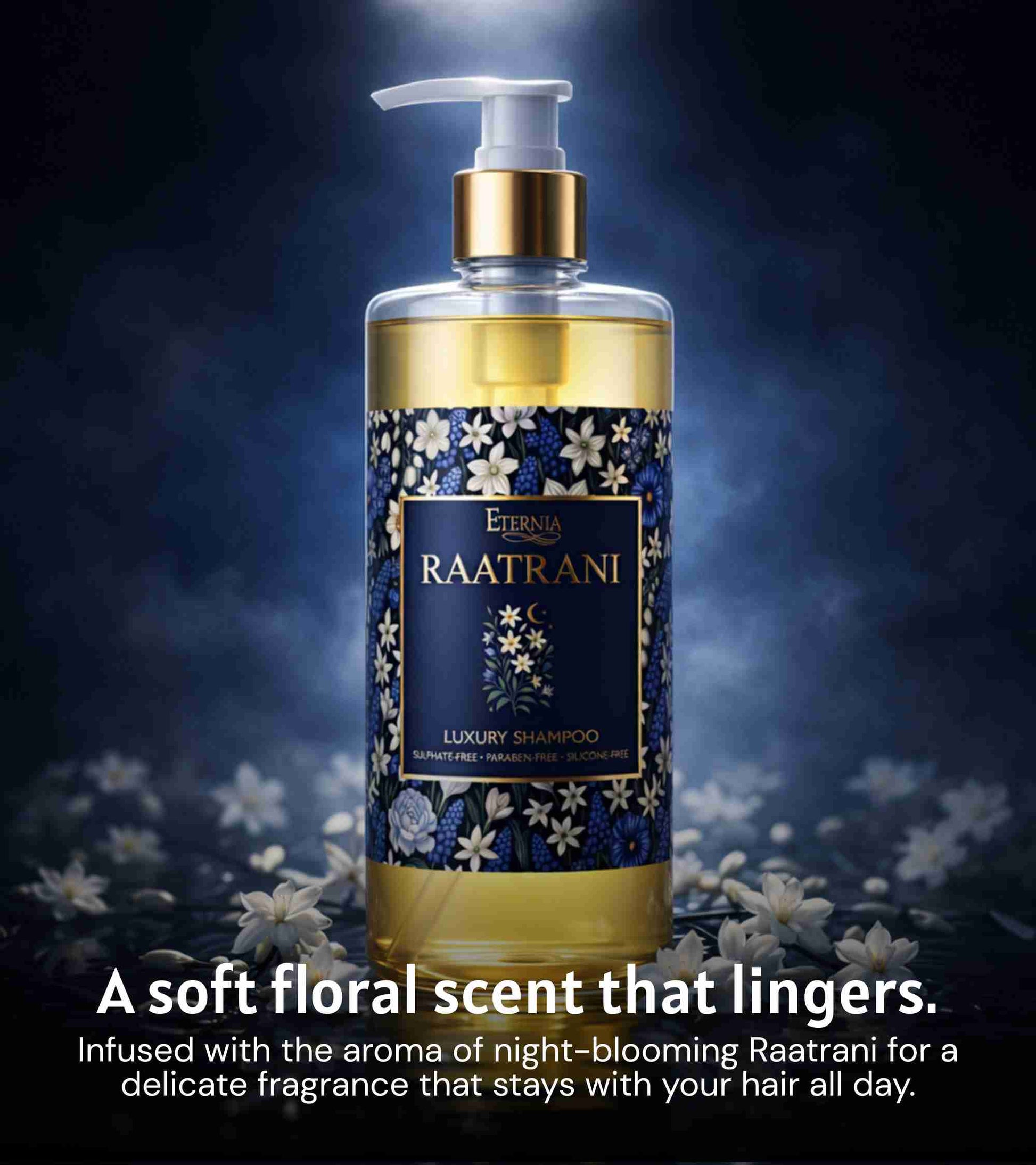 Eternia Raatrani luxury shampoo bottle with gold pump and blue floral label