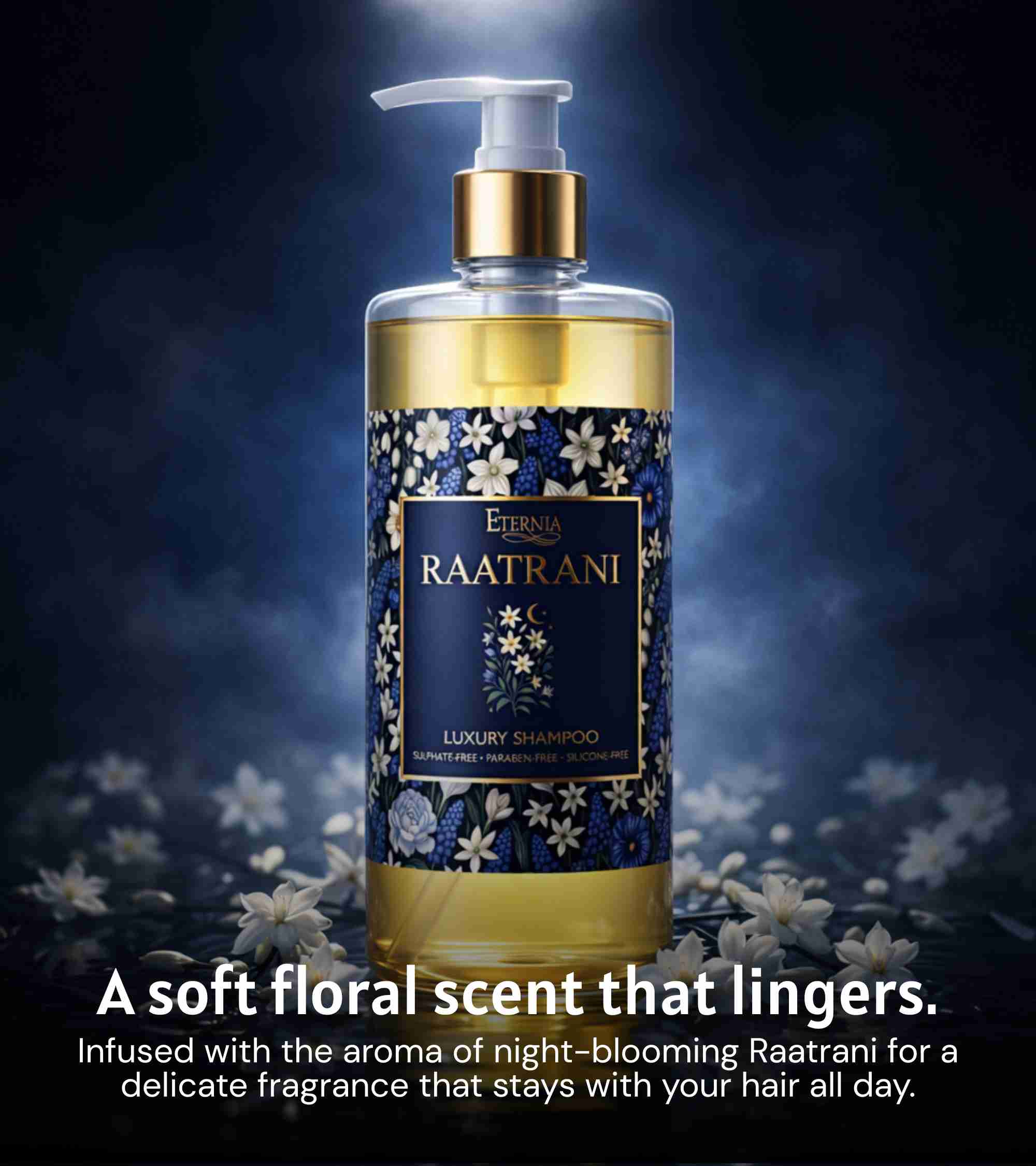 Eternia Raatrani luxury shampoo bottle with gold pump and blue floral label