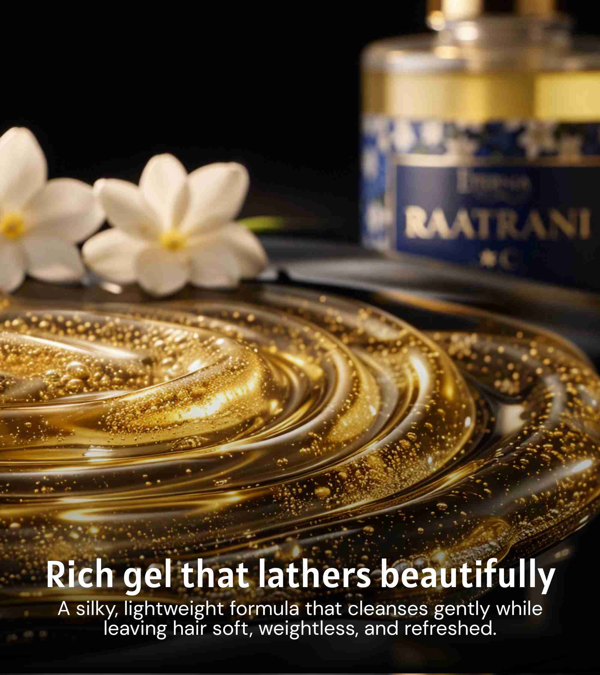 Moonflower scented candle jar with white blossoms, beside a blurred Raatrani bottle