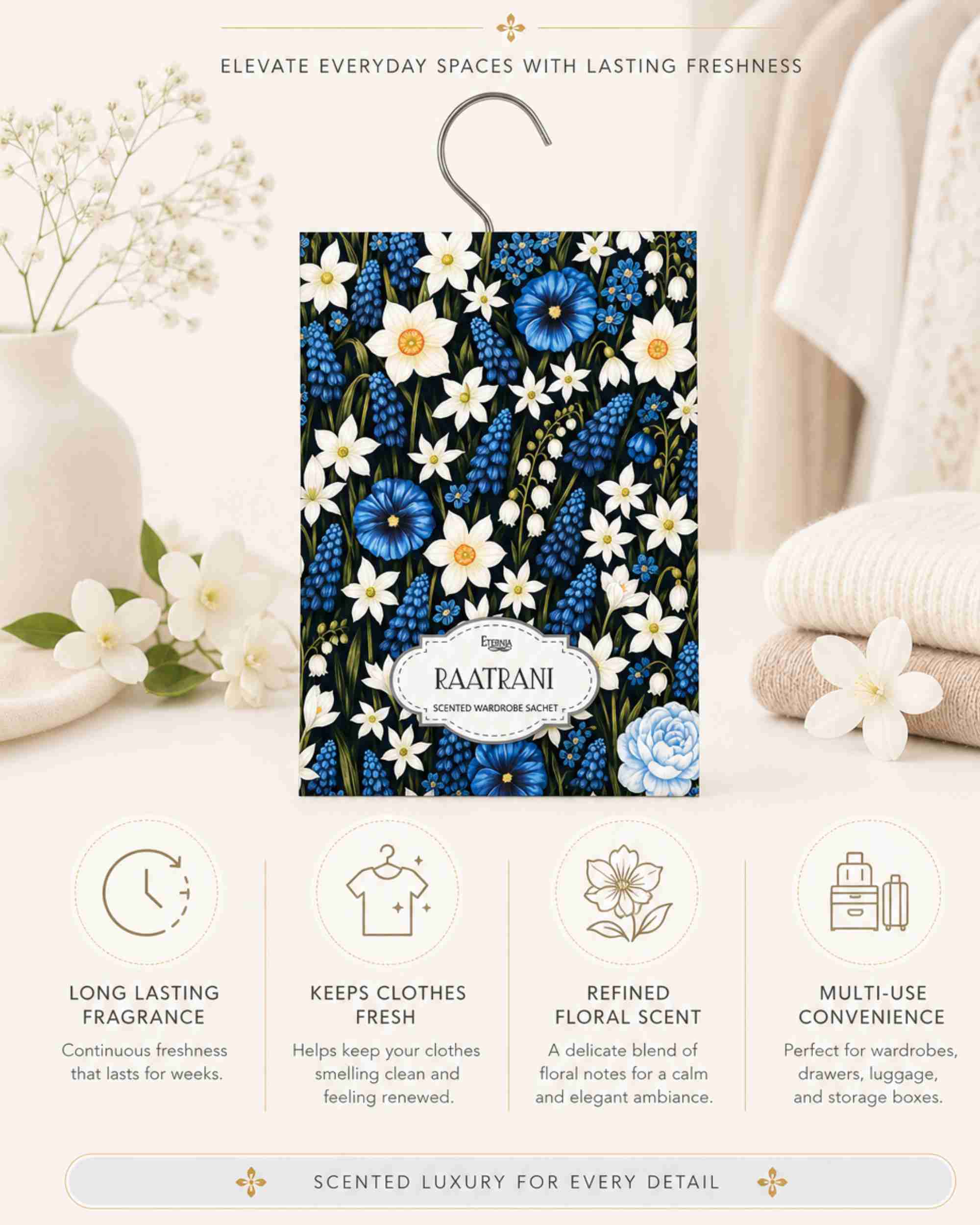 Eternia® Raatrani Wardrobe Sachet – Luxury Night Bloom Fragrance for Closets, Drawers & Linen Spaces
