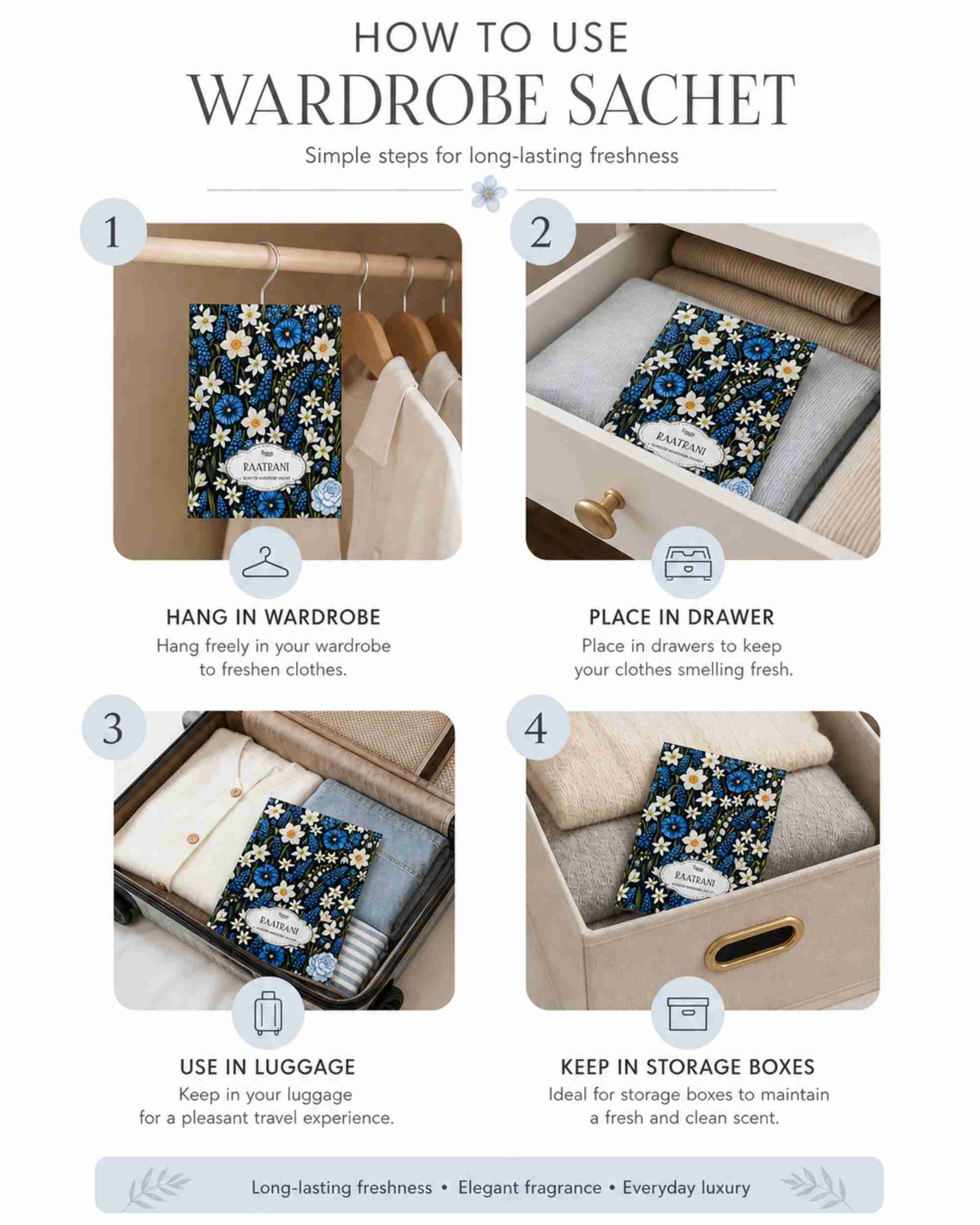Eternia® Raatrani Wardrobe Sachet – Luxury Night Bloom Fragrance for Closets, Drawers & Linen Spaces