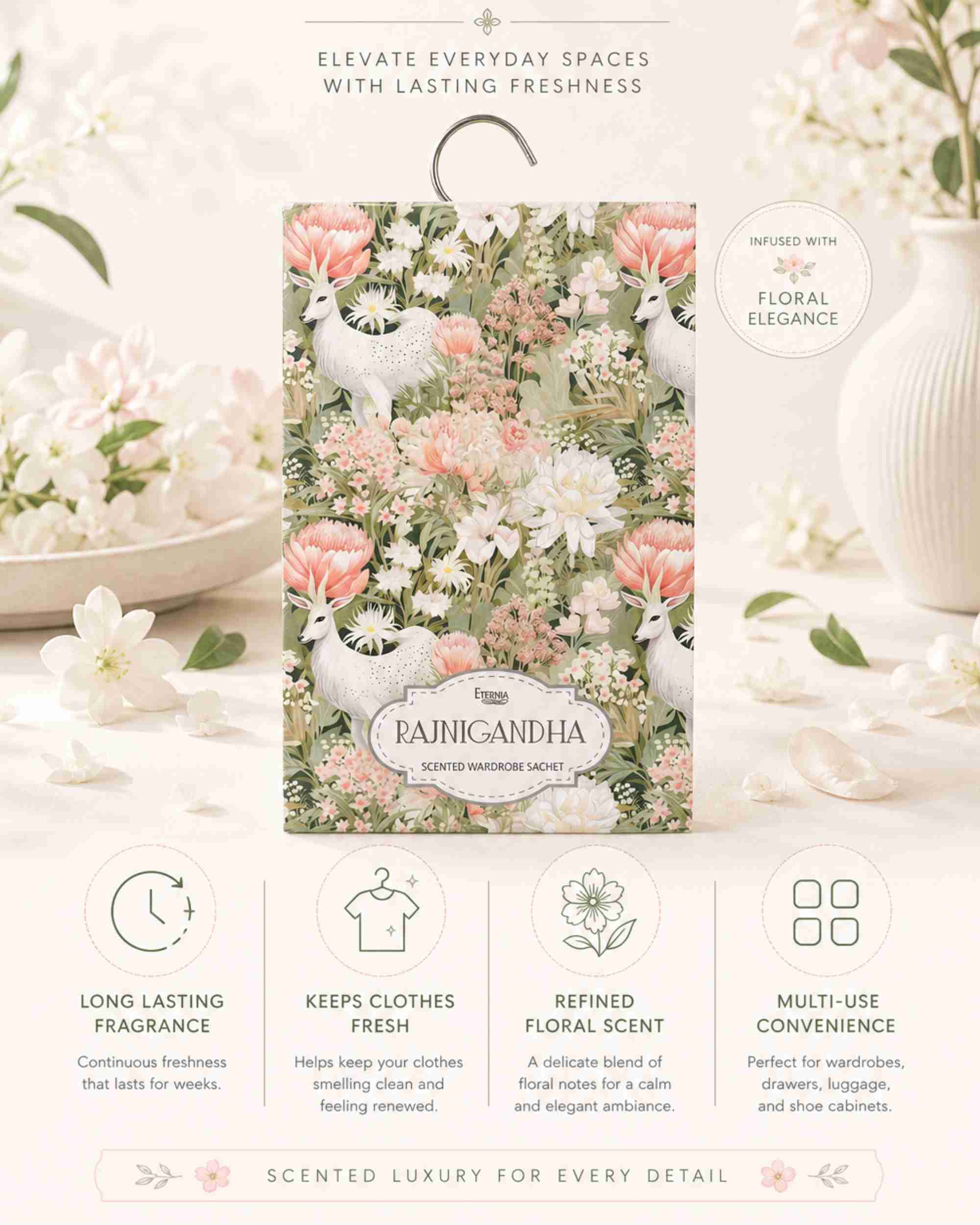 Eternia® Rajnigandha Wardrobe Sachet – Luxury Tuberose Fragrance for Closets, Drawers & Linen Spaces