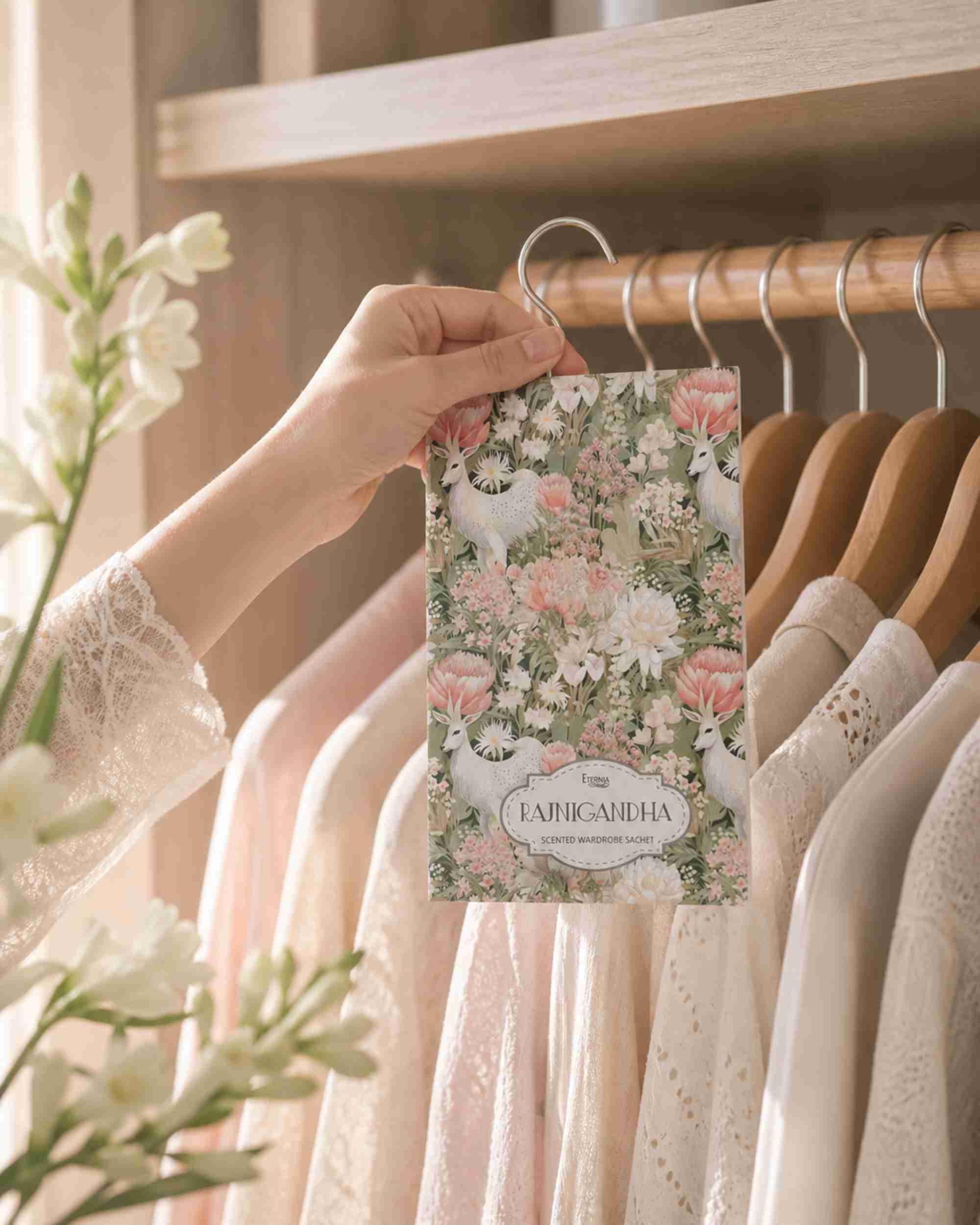 Eternia® Rajnigandha Wardrobe Sachet – Luxury Tuberose Fragrance for Closets, Drawers & Linen Spaces