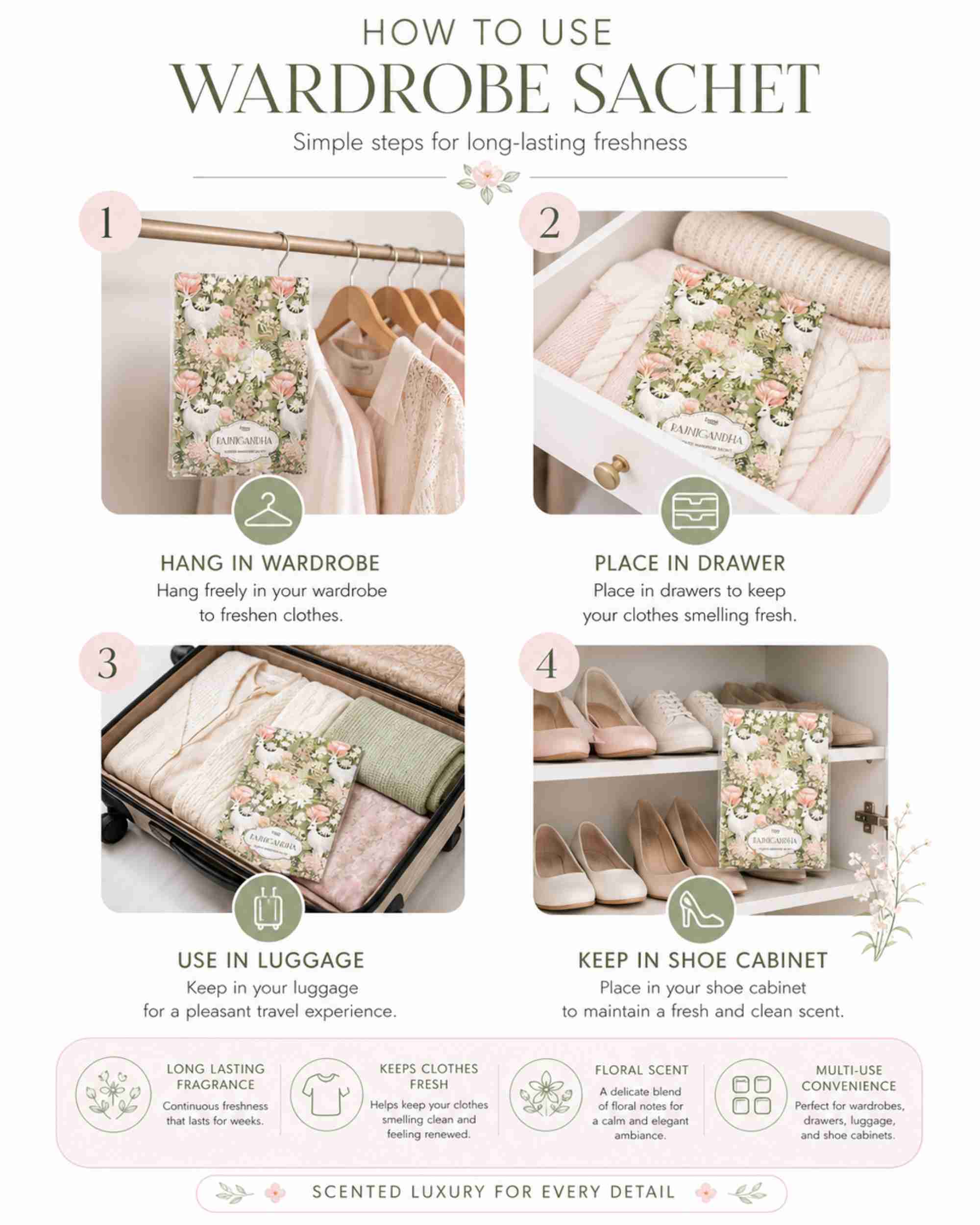 Eternia® Rajnigandha Wardrobe Sachet – Luxury Tuberose Fragrance for Closets, Drawers & Linen Spaces