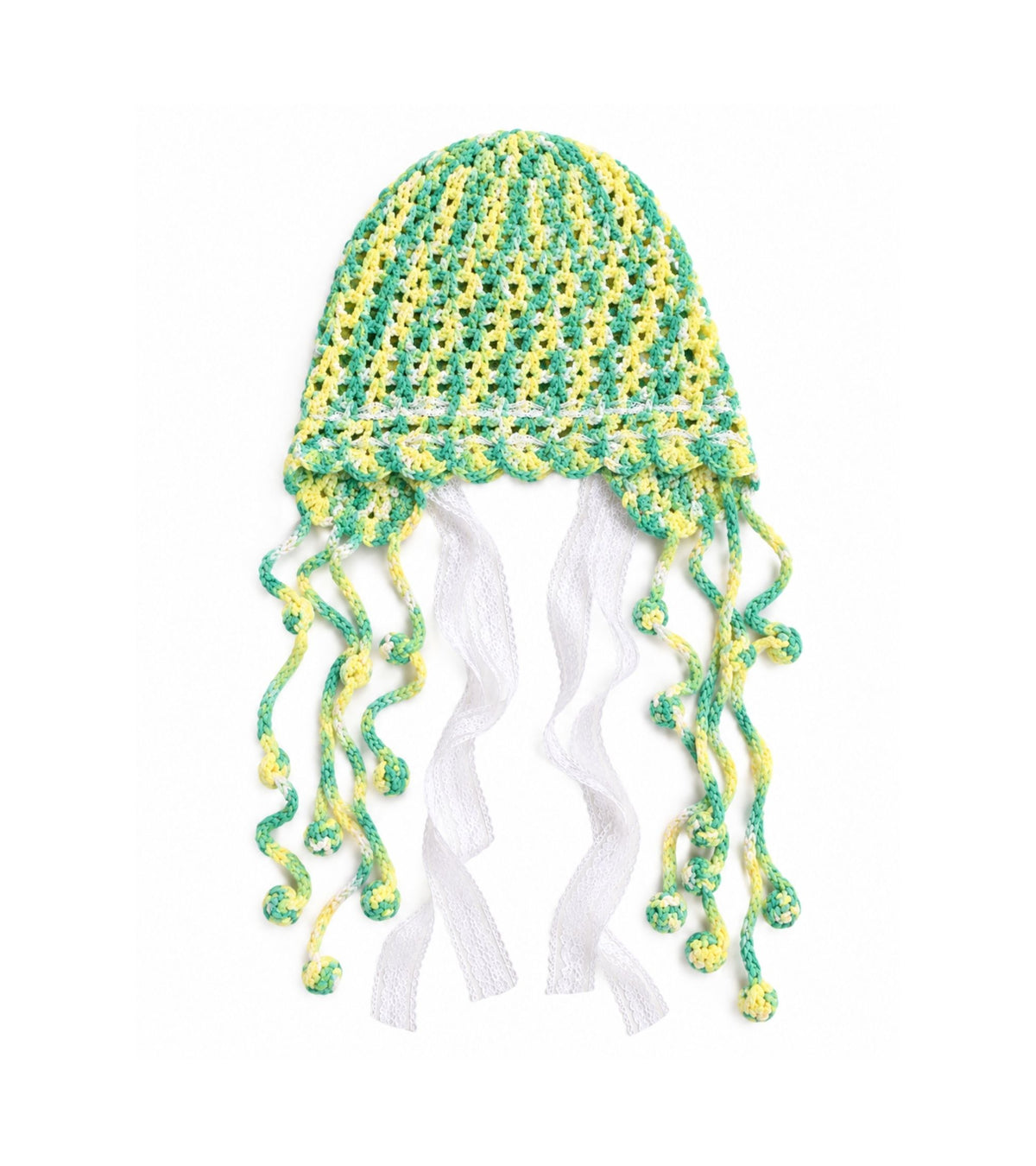 Green and yellow crochet cap with lace edge and long tassel ties