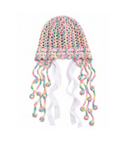 Multicolor crochet cap with lace edge and dangling tassels, pink accents