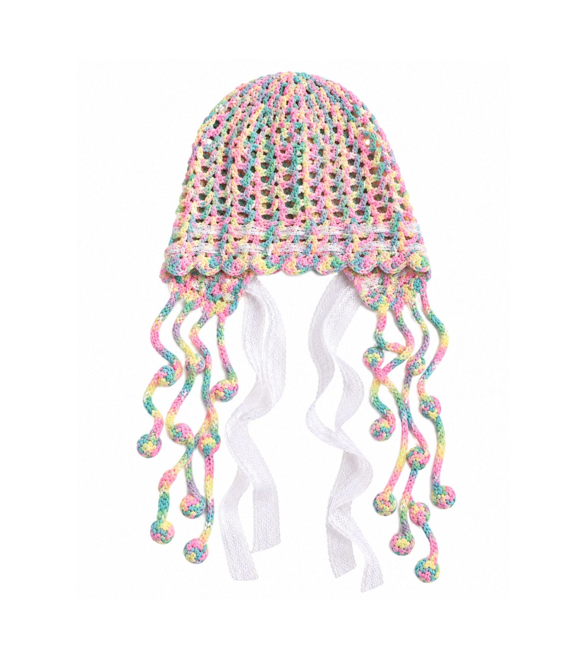 Multicolor crochet cap with lace edge and dangling tassels, pink accents