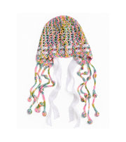 Multicolor crochet cap with lace edge and dangling tassels