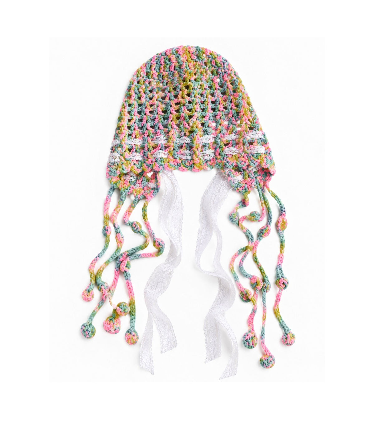 Multicolor crochet cap with lace edge and dangling tassels