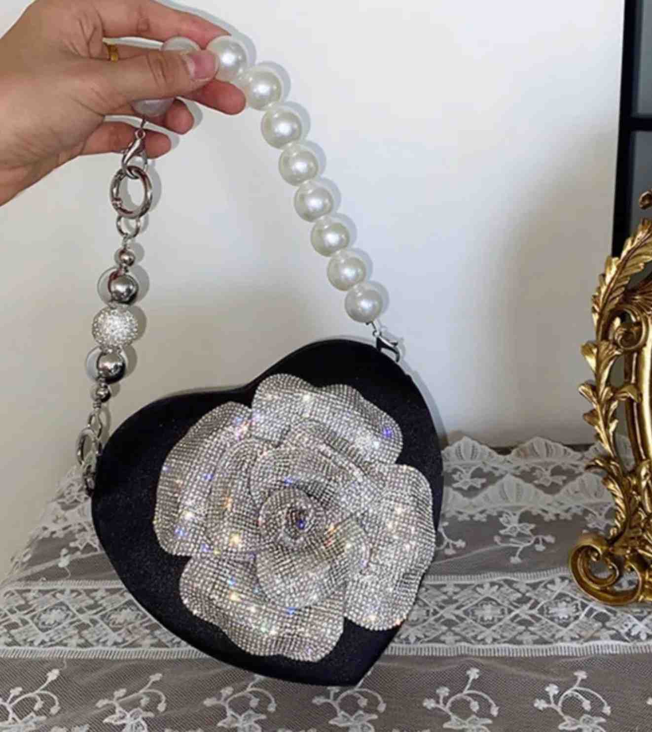 Eternia® Crystal Flower Heart Evening Bag – Pearl Handle Statement Purse – Black