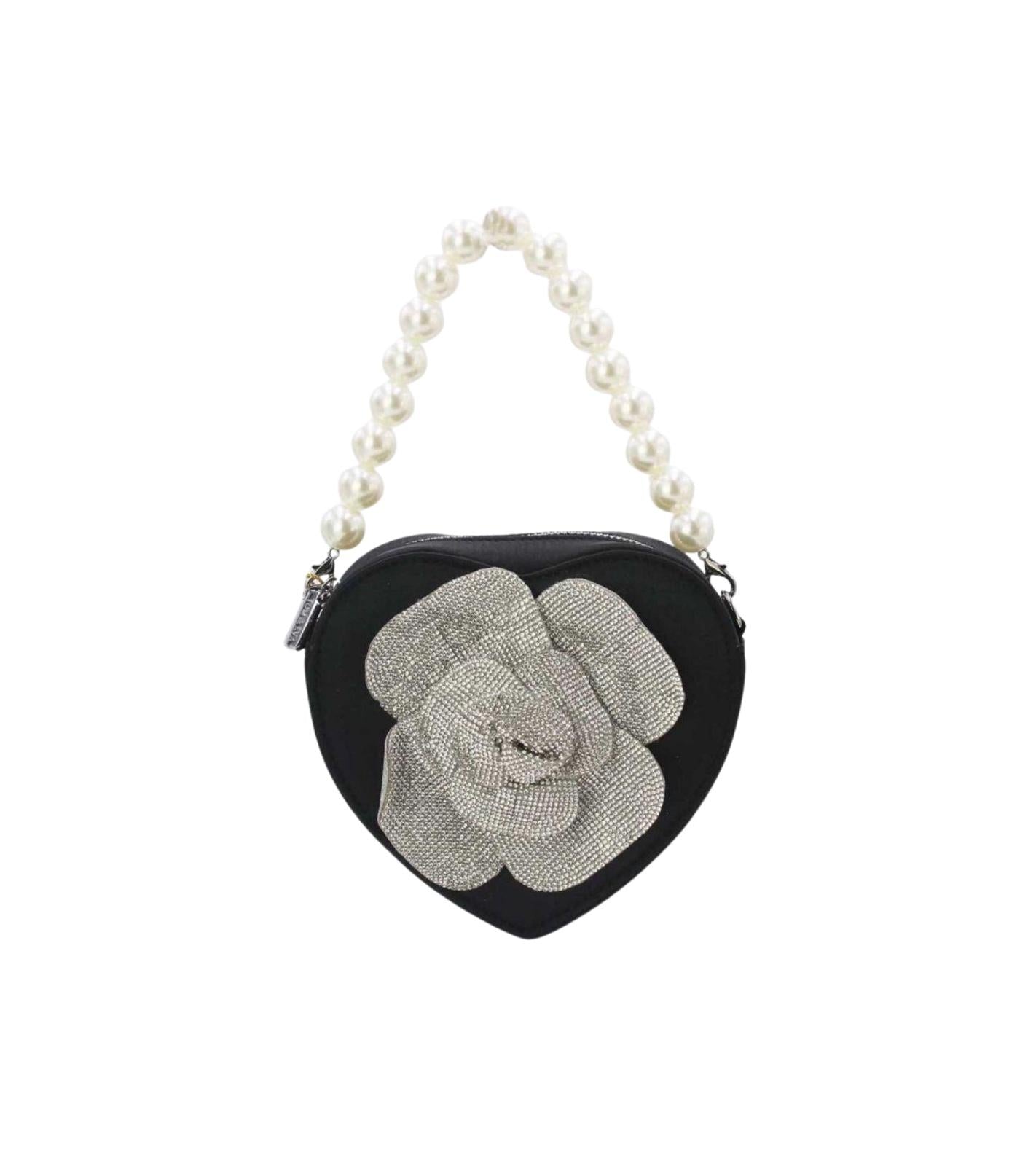 Eternia® Crystal Flower Heart Evening Bag – Pearl Handle Statement Purse – Black