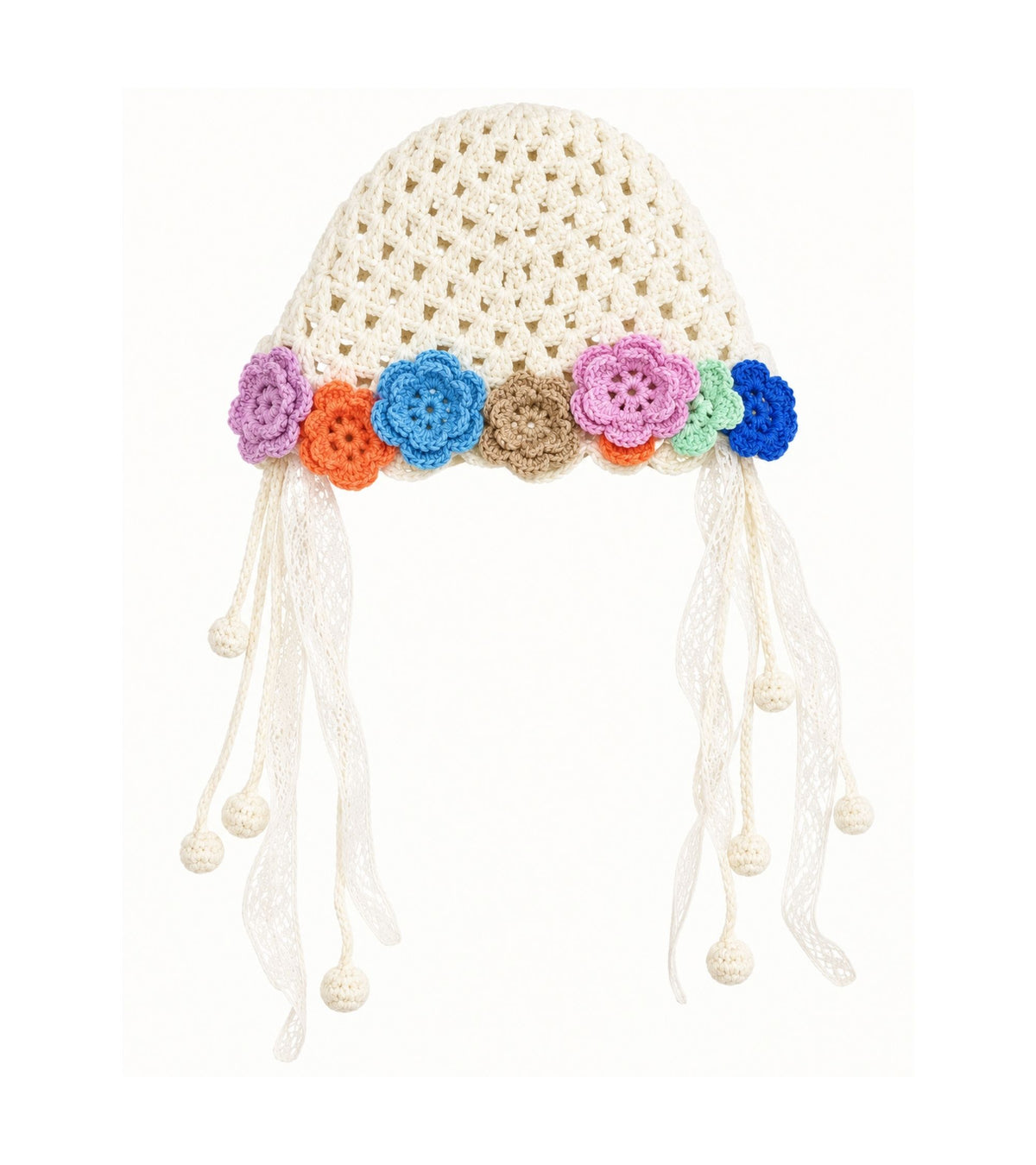 Beige floral crochet cap with multicolor flower trim and dangling tassel ties