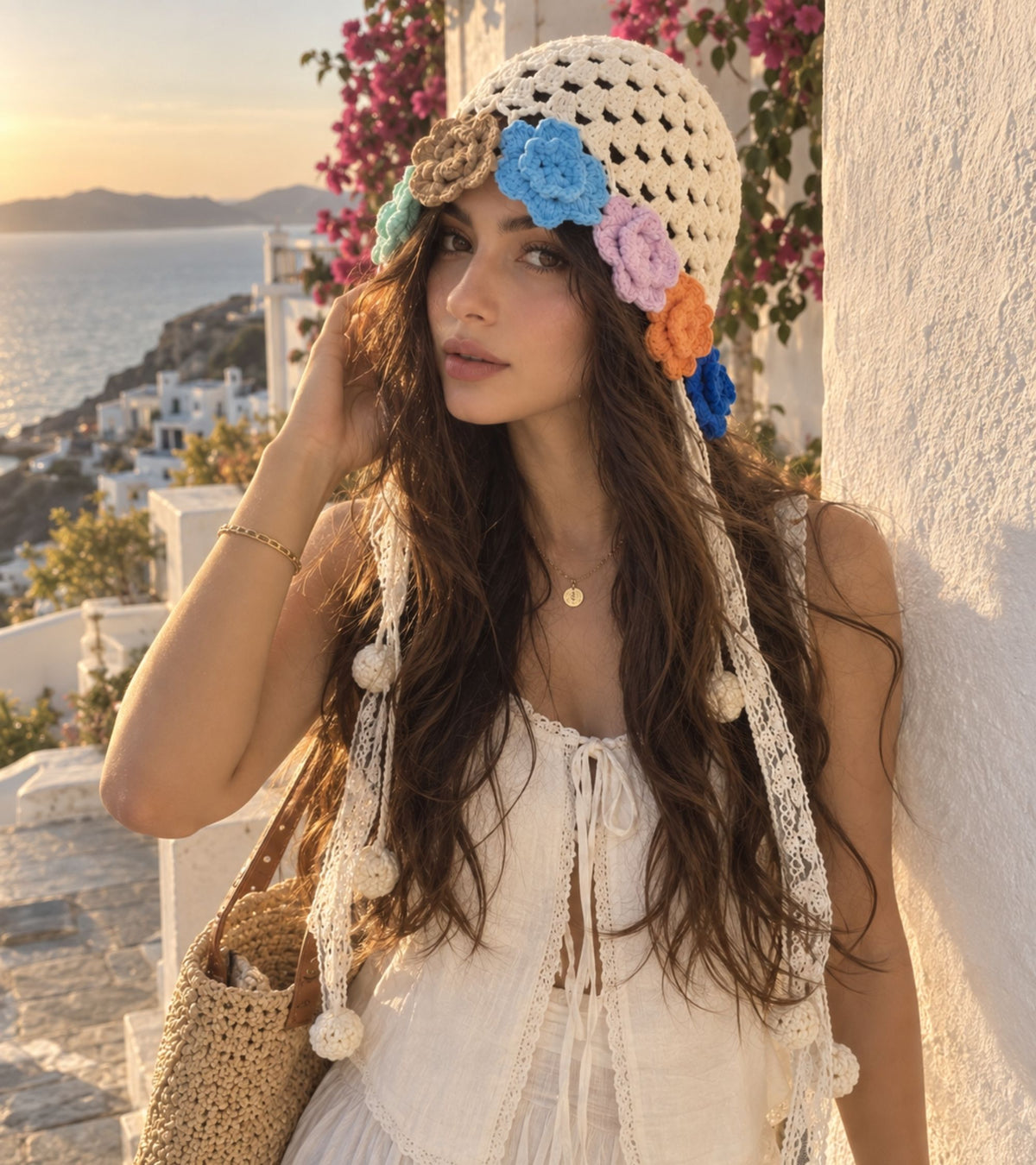 Beige crochet cap with colorful flower appliques and tassel strings, worn