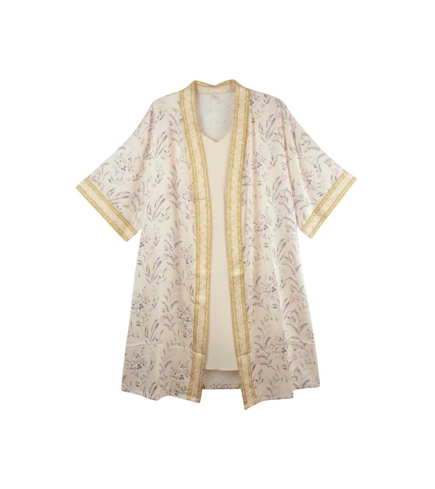 Eternia® Golden Meadow Nightdress & Robe Set – Botanical Print with Contrast Border – Beige Gold – Free Size