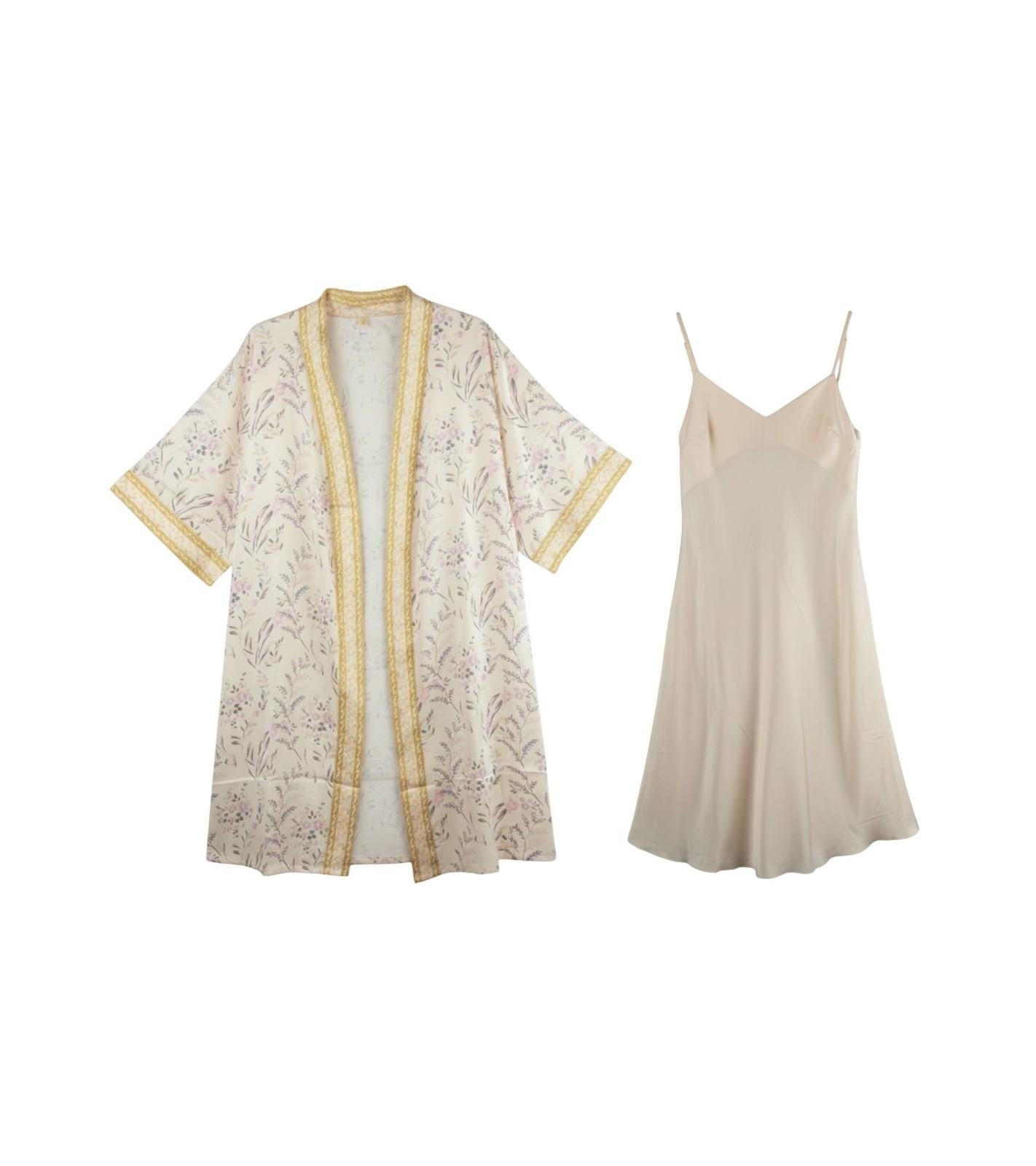 Eternia® Golden Meadow Nightdress & Robe Set – Botanical Print with Contrast Border – Beige Gold – Free Size