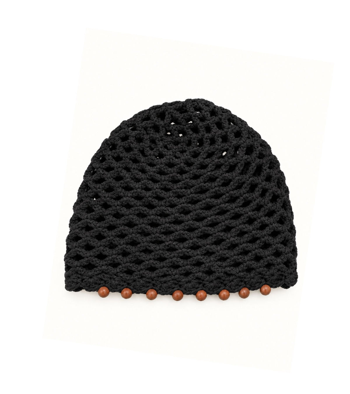 Black knit crochet cap with textured stitch pattern and beaded edge detail