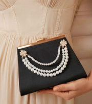 Eternia® Pearl Embellished Evening Clutch – Decorative Pearl Chain Handle – Black